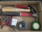 Box lot - Hammers, Tape measures, GMT-18A Tester, Battery snake light.