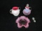 Box lot - Cranberry opalescent hobnail cruet; Cranberry opalescent hobnail dish; Cranberry 2-handled