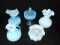 5 pc. lot - Blue opalescent glass includes: Hobnail covered compote; Handled pitchers; Vase; Bowl