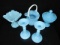 5 pc. lot - Blue Glass pieces: Footed Sq. Candy dish; Footed round covered candy dish; Handled