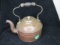 Copper tea kettle w/wooden handle & porcelain handled lid. 7
