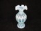 Fenton blue opalescent vase w/scalloped top edge. 8.5