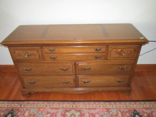 Broyhill 7 drawer hickory dresser w/mirror, spoon carved; 60"W x 34"H x 20"D - matches items 16 & 17