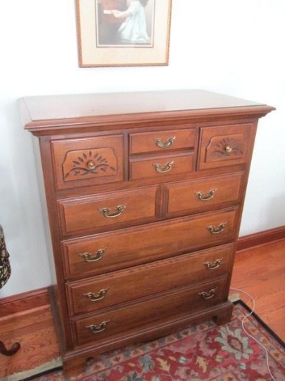 Broyhill 7 drawer hickory high boy dresser w/2 spoon carved side drawers; 38"W x 48"H x 20"D -
