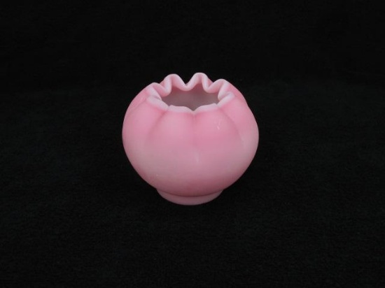 Pink Frosted satin glass rose bowl, scalloped edge 3.5"H x 4"D