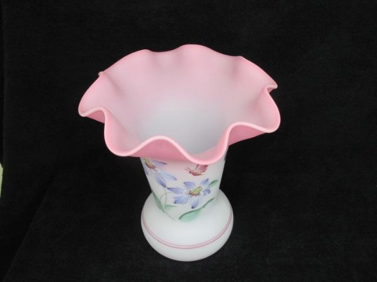 Fenton pink satin glass vase "Honor Collection" signed Frank M. Fenton 2001 #244/2500, Floral w/