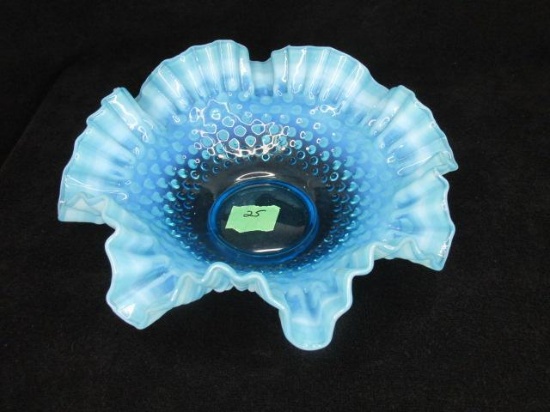Fenton blue opalescent hobnail scalloped edge bowl; 11" Dia.