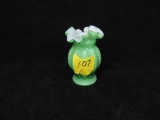 Fenton green opalescent bud vase w/ fluted edge. 4
