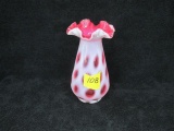Fenton cranberry opalescent vase w/fluted edge - coin dot pattern. 7