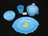 4 pc. lot - Blue milk glass - old. 1) Floral pattern dish - 7.5