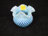 Fenton blue opalescent hobnail bowl w/fluted edge 6