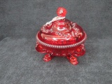 Fenton ruby red candy dish w/Dragon head 3 footed base and Acorn Handled cover. 6