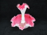 Cranberry /wh milk glass flower bowl & vase. 9.5