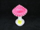 Cranberry/wh milk glass vase w/fluted edge. 8