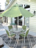 Glass top metal patio table w/4 chairs & umbrella