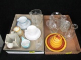 2 box lot - Misc. dishes, Cr. & Sug., Pitcher, Honey pot, Candle Holders, Creamers.