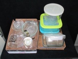 2 box lot - Glass serving dishes, bowls, carafe, misc., Fridoverre glass food storage containers.