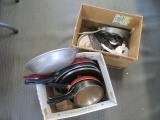 2 Box lot - (4) Lrg. & sm. Frying pans; (2) Sauce pans; Egg poacher pan, Cheese graders, coffee pot