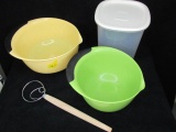 Box lot - (2) Plastic mixing bowls, Wood handled mixer, Plastic storage containers