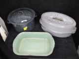 3 pcs. Enamel ware - Gray roaster, Green roast pan, Blue small canner