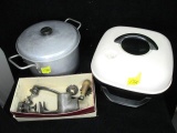 3 pc. lot - Elec. Fry pan w/cord, Metal kettle & lid, Table top meat grinder.