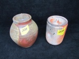 2 pc. lot - Covered footed pottery jar w/thumb indent - 5.75