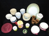 2 box lot: Stoneware custard cups, Bowls, Cups, Plates, Trivets -Fiesta, Batter pitcher, Butter