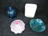 4 pc. lot: 1) Hand painted covered floral bowl - D. Baurrer; 2) Frosted Vase; 3) Green cut glass