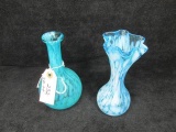 Qty. 2 pcs. - Blue pattern glass bud vases - 7