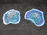 2 pc. lot - Blue opalescent glass footed Octopus design compote & 3 footed opalescent bowl