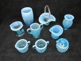 9 pc. lot includes: Blue/wh opalescent hobnail glass, Glass, Vase, 2-handled spooner, Cr. & Sug.,