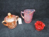 3 pc. lot of Carnival glass: 1) Marigold 2-handled covered candy bowl, 2) Marigold pitcher, 3) Red