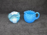 2 pc. lot: 1) Fenton Blue Iridescent frosted floral design rose bowl - hand painted by P. Hayheim