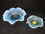 2 pc. lot - Blue opalescent hobnail bowls: 1) 8