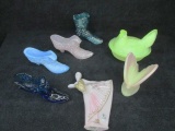 7 pc. Art Glass lot - Includes: Fenton Pink iridescent glass shoe, Fenton Blue iridescent glass