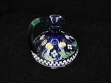 Fenton blue w/green handled ewer vase. Designer show case series by Stacy Williams; Hand painted