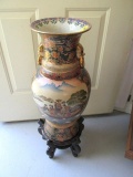 Satsuma Porcelain hand painted floral pattern vase w/Wood stand -Vase dim. = 24