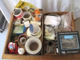 2 box lot - Various tapes, glue, hose clamps, safety ear muffs, & misc.