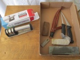 Box lot - Qty 3 Fish Fillet Knives, Sharpener tool, & Qty 4 sharpening stones