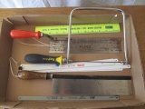 Box lot - Wood finish saws, hack saw blades, coping saw, ruler