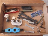 Box lot - Copper tubing cutter, brush, spark plug wrenches, feeler gauges, & misc. tools