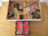 Box lot - Drill Craft set, Trickle battery charger, Outlet tester, Fishing pole boat clamp