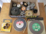 Box lot - Drill mount wire brushes, Hole Saws, Grinding Wheel, Cut-off blades