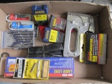 Box lot - Heavy duty stapler/staples; Laser Level; Metal drill bits; #2 Insert bits; Rotozip bits; 6