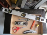 Box lot - Stanley hand plane, Utility knives, Stainless steel scissors, 2-ft.Empire level