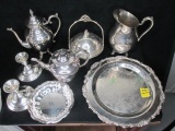Qty 7 pcs. Silver plate serving pcs. - Includes: 15' Round tray; Coffee Server; Tea Pot; Bread Bowl;