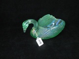 Imperial Green iridescent glass swan bowl