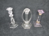Qty 3 - Crystal ornate candle sticks - 1 marked Heisey -Diamond H mark