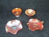 4 pc. lot - Marigold carnival dishes: Footed compote; Berry bowl; 2-handled nappy; Nautical theme