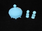 Fenton Glass: (2) Praying children figurines; Hobnail covered candy dish